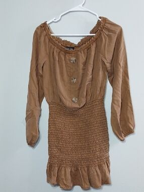 Smocked Waist Brown Off-Shoulder Dress